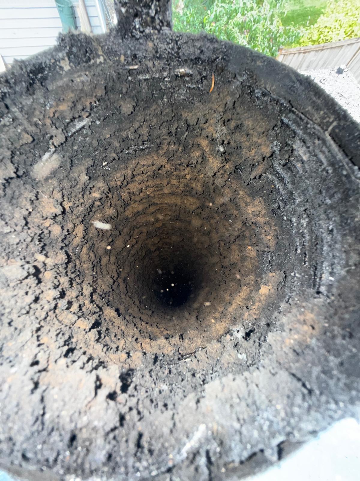 Inside a flue coated with soot and creosote